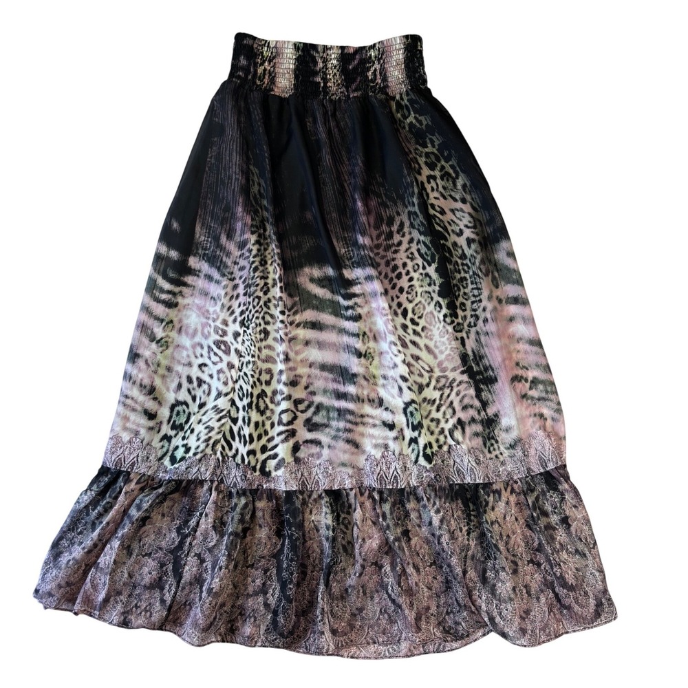 Boston Proper Exotic Leopard Skirt Pink Multi Animal Print Smocked Maxi S NEW